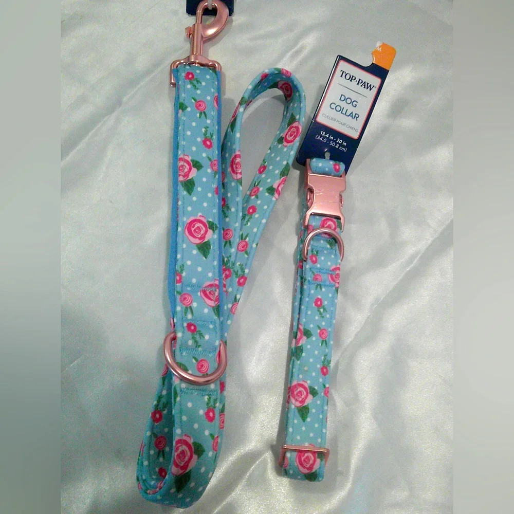 Top Paw Blue Rose Dog Collar (M) and Leash Set